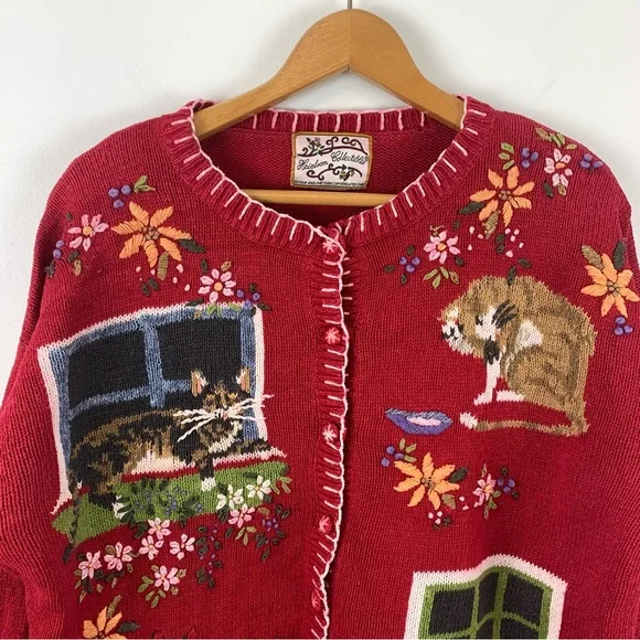 Vintage Knit Red Cat Sweater Size Large Button Front Cardigan - Picture 1 of 16